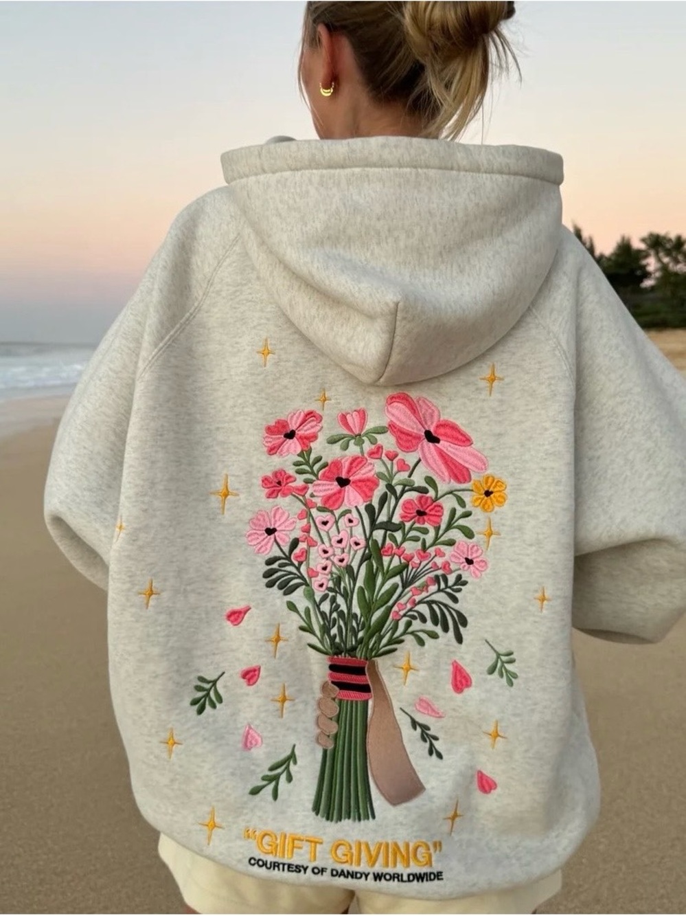 Dandy Gift Giving Oversized Lux Hoodie in Heather Gray Embroidered Floral FLAW L